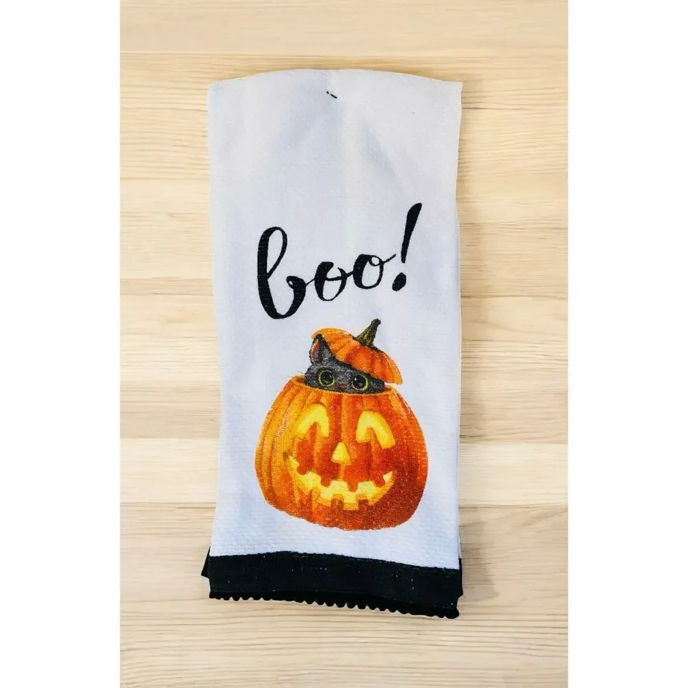 NWT Halloween Black Cat Pumpkin Boo Kitty Dish Kitchen 2 Piece Towel Set